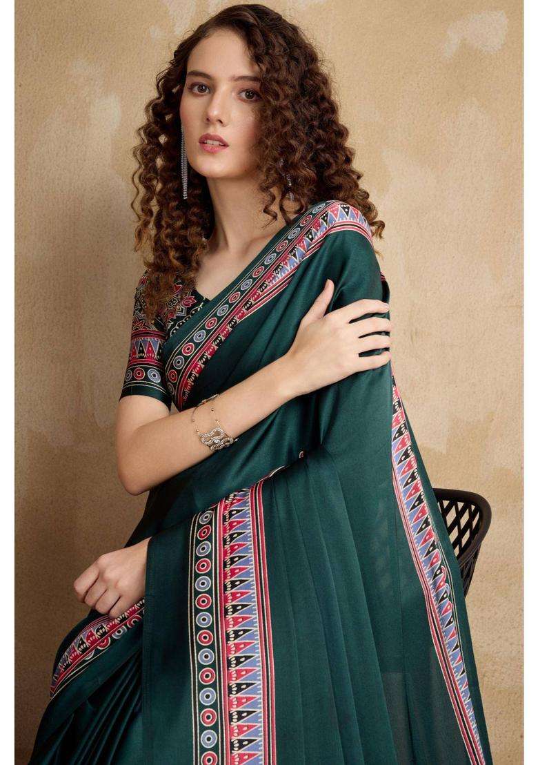 Green Ajrakh Printed Satin Silk Saree and Unstitched Blouse for Women Festive Wear - Indya
