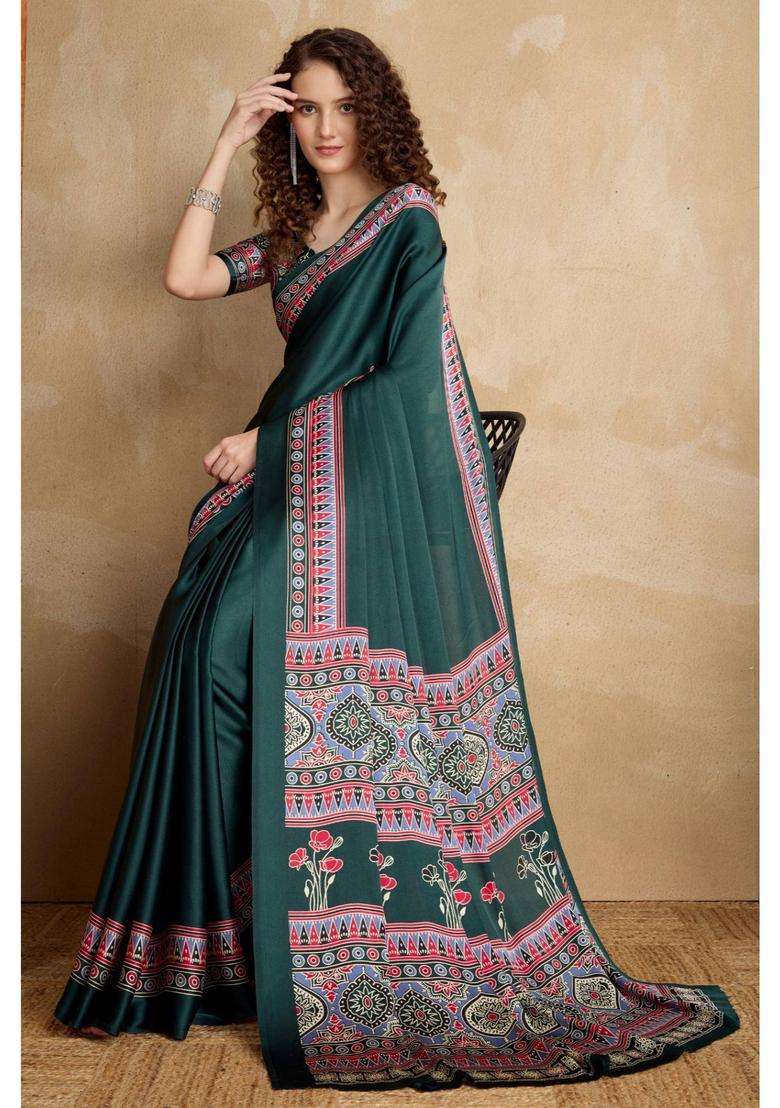 Green Ajrakh Printed Satin Silk Saree and Unstitched Blouse for Women Festive Wear - Indya