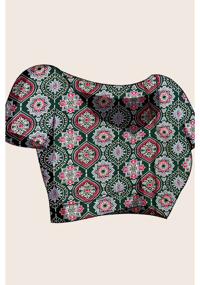 Green Ajrakh Printed Satin Silk Saree and Unstitched Blouse for Women Festive Wear - Indya