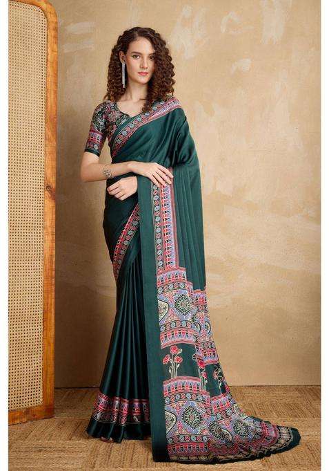 Green Ajrakh Printed Satin Silk Saree and Unstitched Blouse for Women Festive Wear