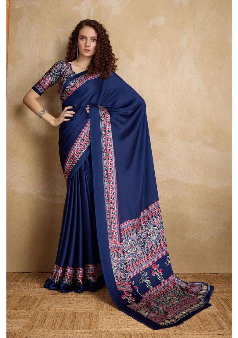 Lapis Blue Ajrakh Printed Satin Silk Saree and Unstitched Blouse for Women Festive Wear - Indya