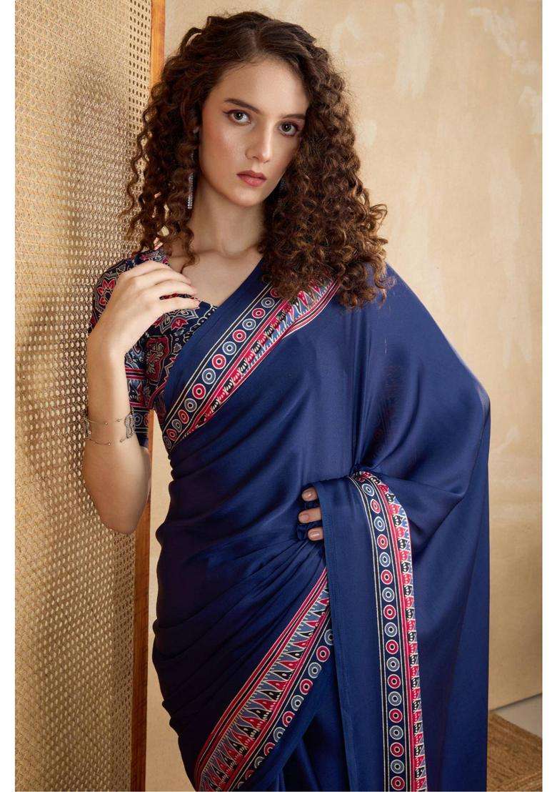 Lapis Blue Ajrakh Printed Satin Silk Saree and Unstitched Blouse for Women Festive Wear - Indya