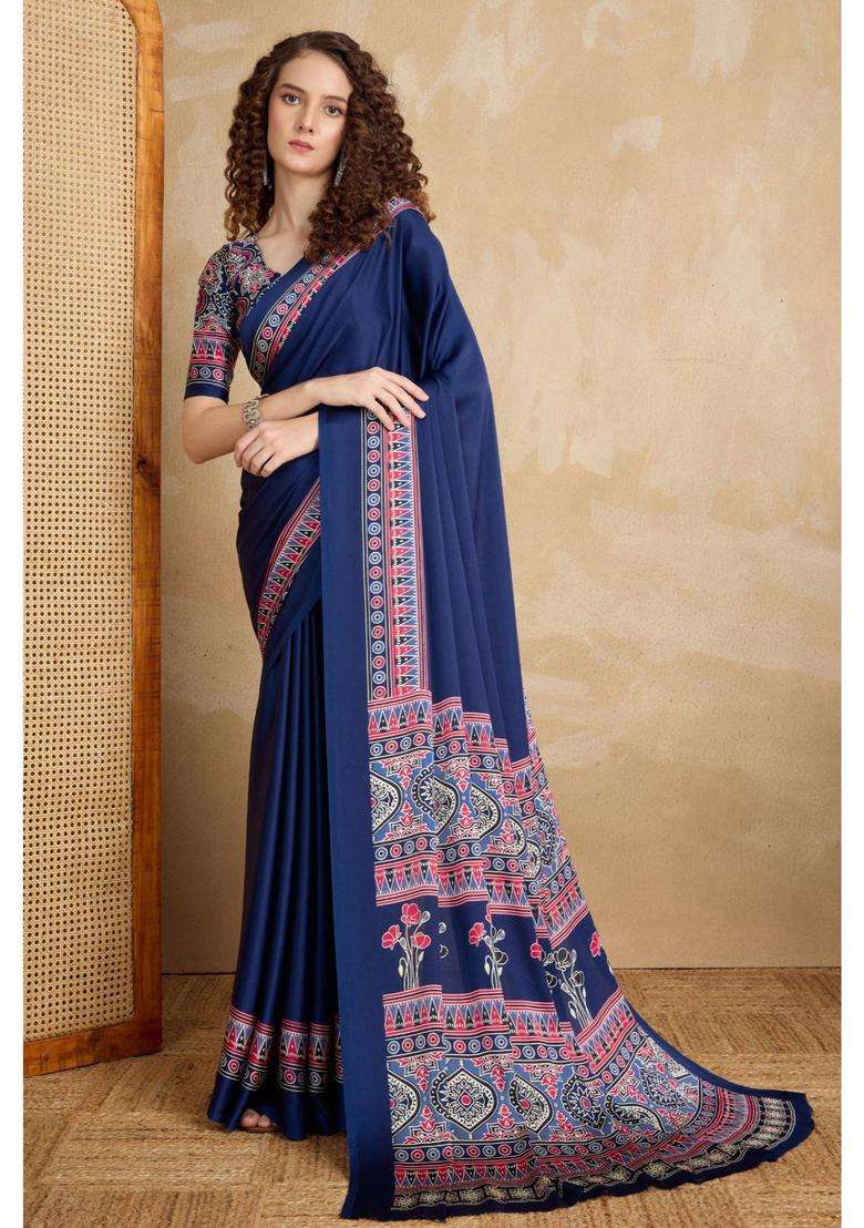 Lapis Blue Ajrakh Printed Satin Silk Saree and Unstitched Blouse for Women Festive Wear - Indya