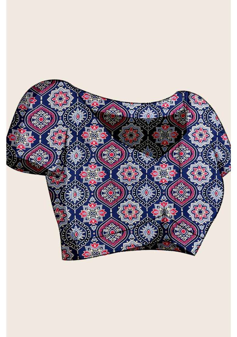 Lapis Blue Ajrakh Printed Satin Silk Saree and Unstitched Blouse for Women Festive Wear - Indya