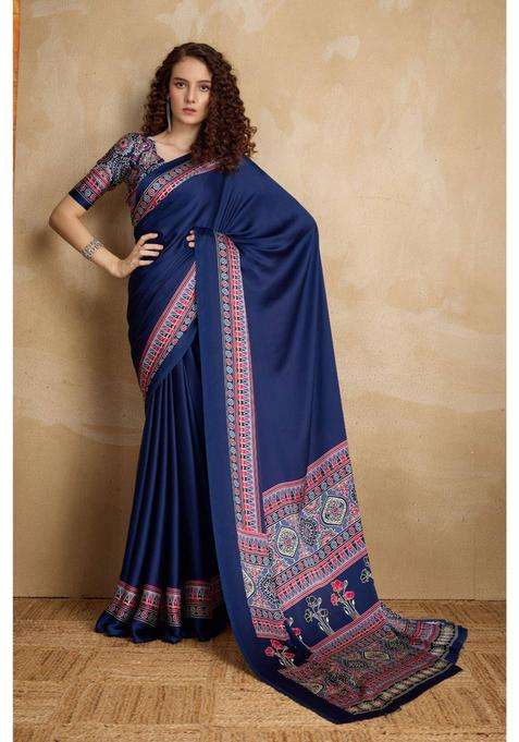Lapis Blue Ajrakh Printed Satin Silk Saree and Unstitched Blouse for Women Festive Wear
