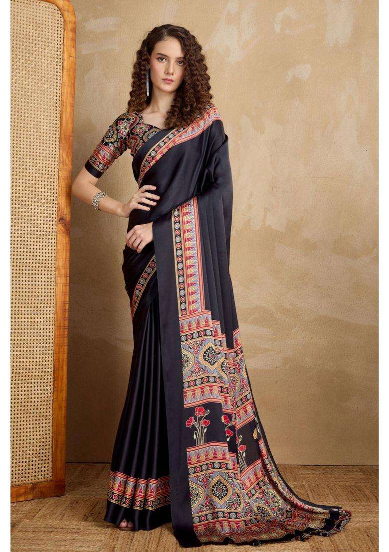 Soot Black Ajrakh Printed Satin Silk Saree and Unstitched Blouse for Women Festive Wear - Indya