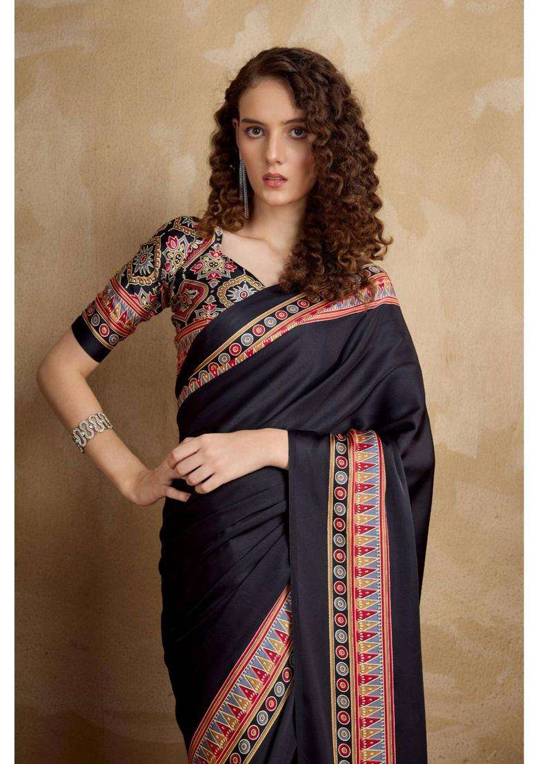 Soot Black Ajrakh Printed Satin Silk Saree and Unstitched Blouse for Women Festive Wear - Indya