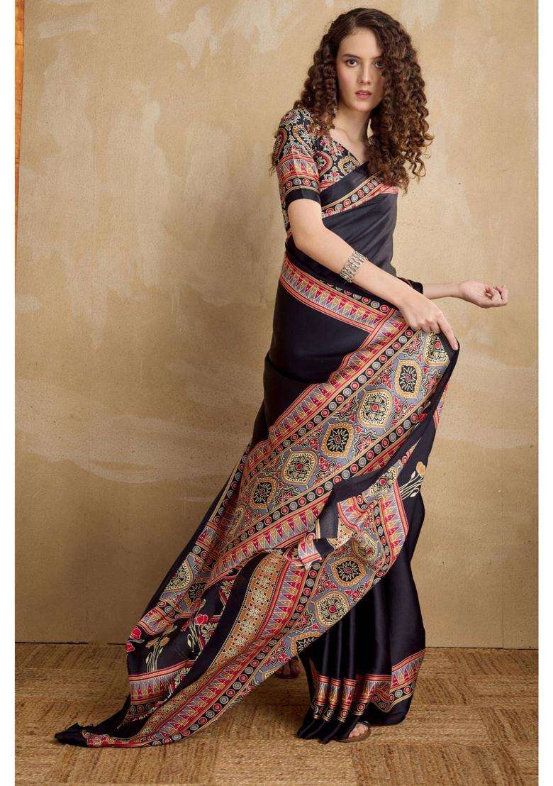 Soot Black Ajrakh Printed Satin Silk Saree and Unstitched Blouse for Women Festive Wear - Indya