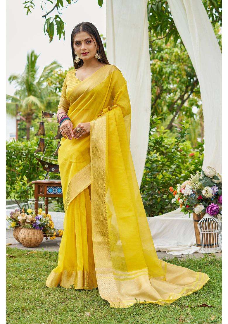 Yellow Woven Linen Saree with Unstitched Blouse for Women Festive Wear - Indya
