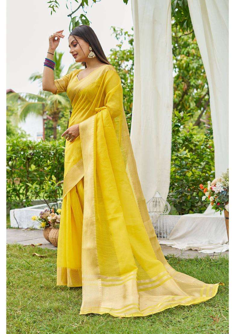 Yellow Woven Linen Saree with Unstitched Blouse for Women Festive Wear - Indya