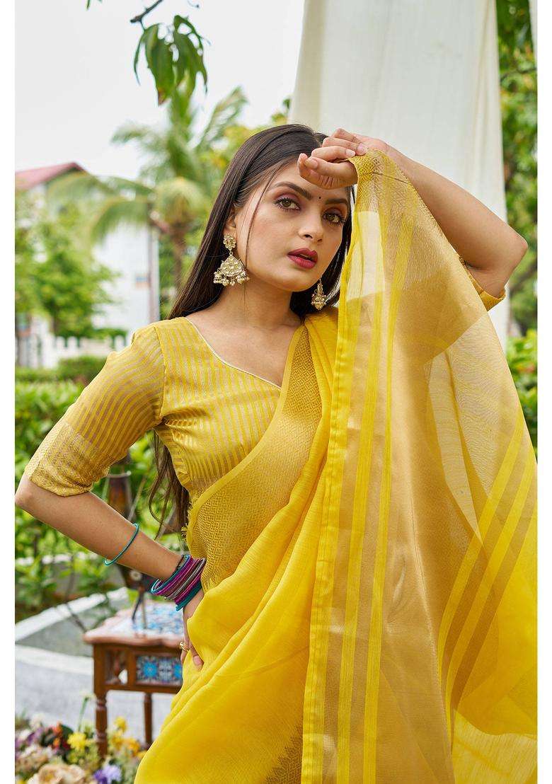 Yellow Woven Linen Saree with Unstitched Blouse for Women Festive Wear - Indya