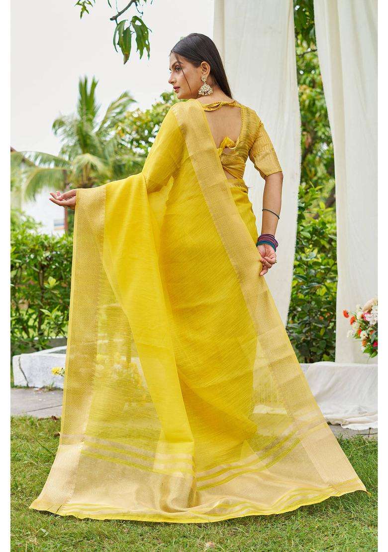 Yellow Woven Linen Saree with Unstitched Blouse for Women Festive Wear - Indya