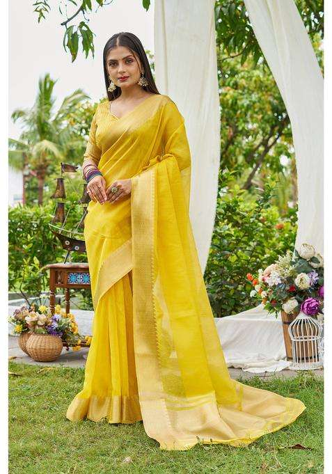 Yellow Woven Linen Saree with Unstitched Blouse for Women Festive Wear