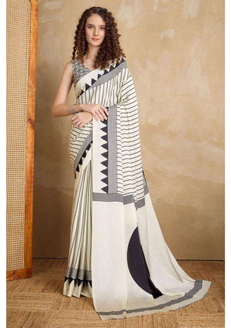 Zebra White Ajrakh Printed Satin Crepe Silk Saree with Unstitched Blouse for Women Party Wear - Indya