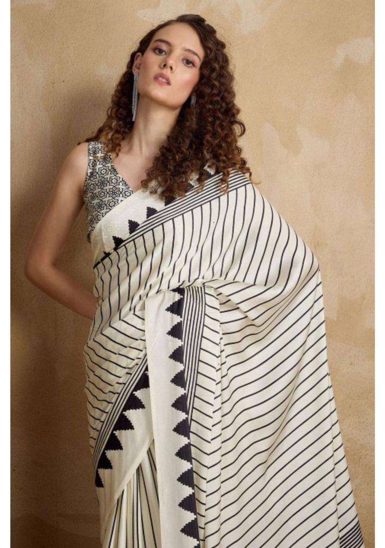 Zebra White Ajrakh Printed Satin Crepe Silk Saree with Unstitched Blouse for Women Party Wear - Indya