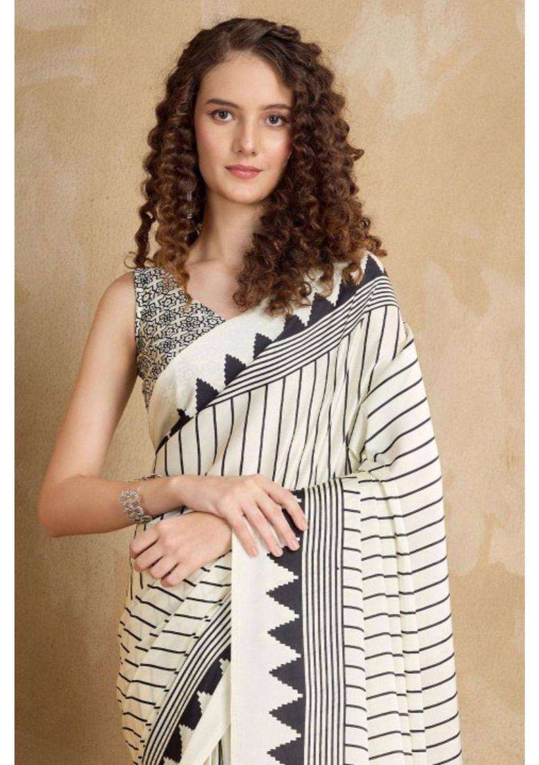 Zebra White Ajrakh Printed Satin Crepe Silk Saree with Unstitched Blouse for Women Party Wear - Indya