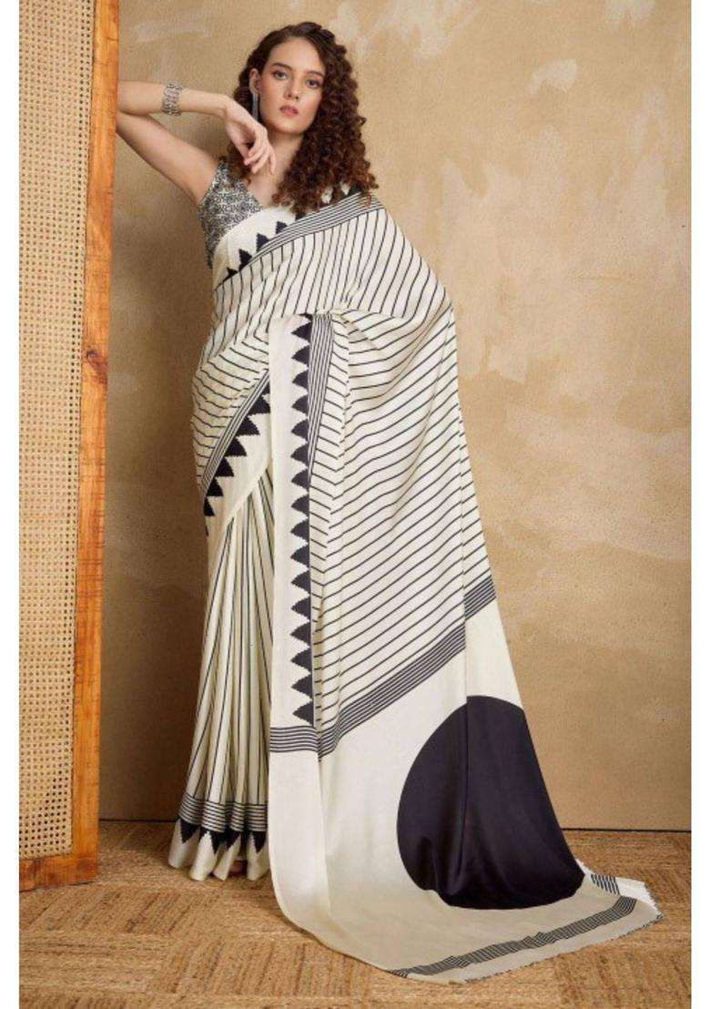 Zebra White Ajrakh Printed Satin Crepe Silk Saree with Unstitched Blouse for Women Party Wear - Indya