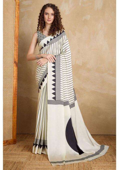 Zebra White Ajrakh Printed Satin Crepe Silk Saree with Unstitched Blouse for Women Party Wear