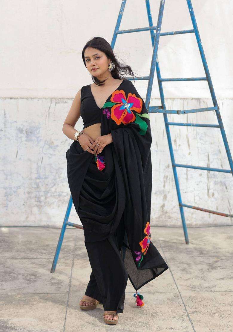 Black Embellished Pre Draped Saree without Blouse for Women Festive Wear - Indya