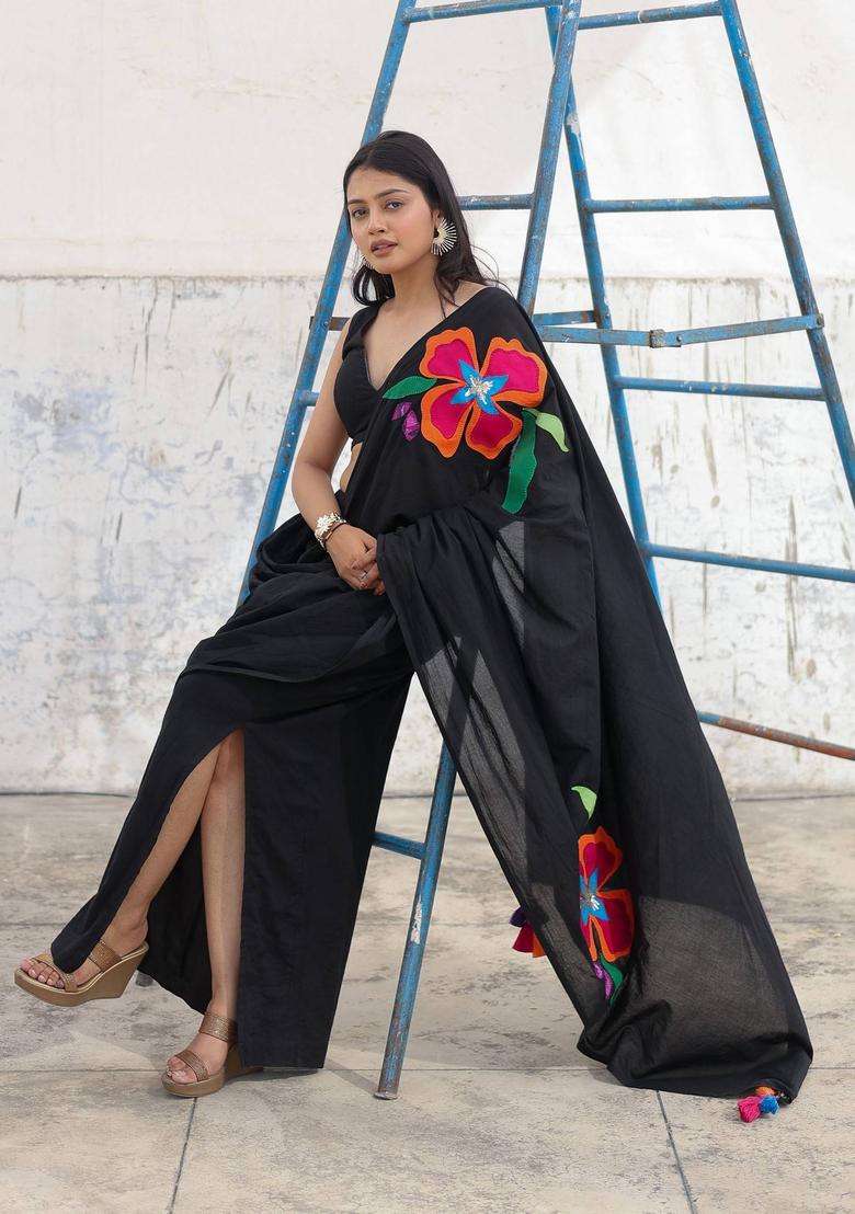 Black Embellished Pre Draped Saree without Blouse for Women Festive Wear - Indya