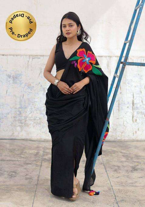 Black Embellished Pre Draped Saree without Blouse for Women Festive Wear