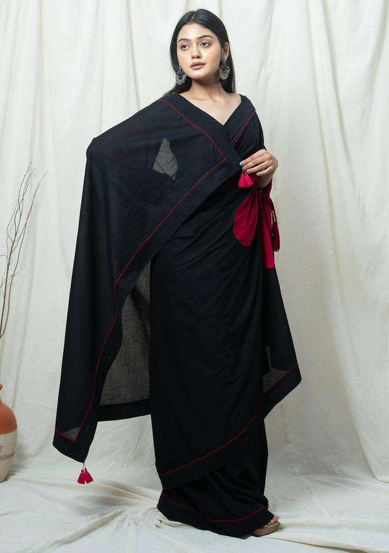 Bold Black Daisy Floral Saree without Blouse for Women Party Wear - Indya