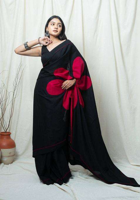 Bold Black Daisy Floral Saree without Blouse for Women Party Wear