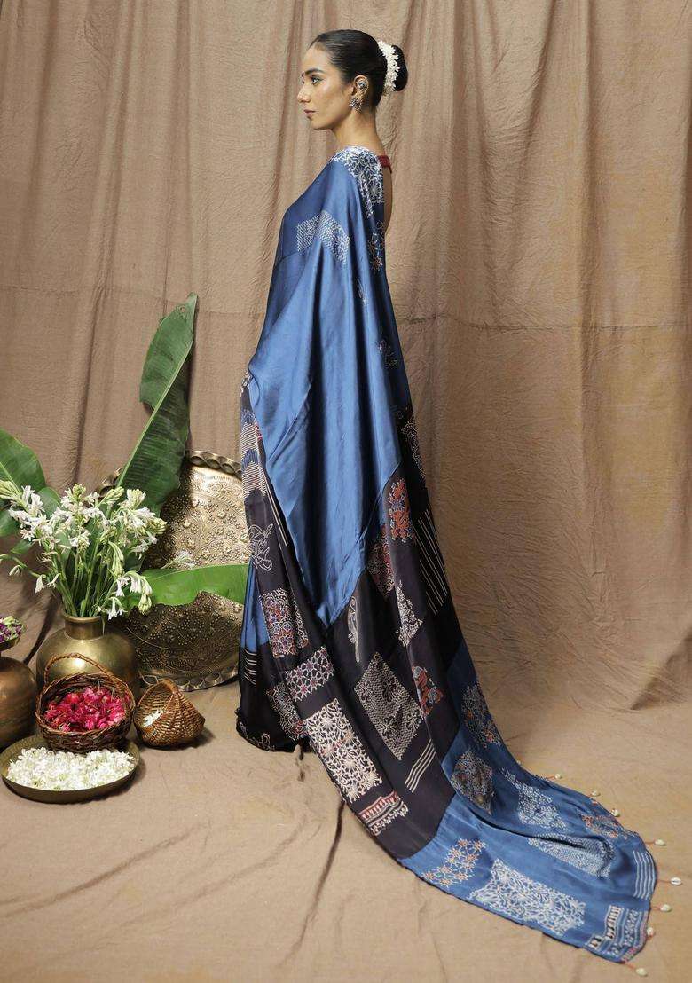 Chaya Blue Printed Saree without Blouse for Women Festive Wear - Indya