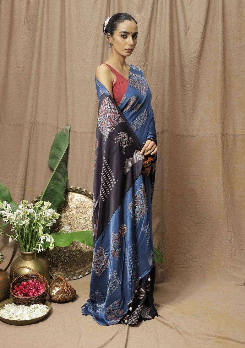 Chaya Blue Printed Saree without Blouse for Women Festive Wear - Indya