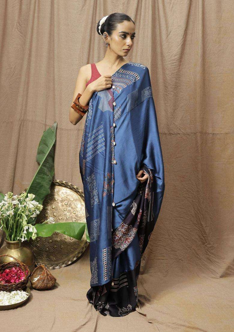 Chaya Blue Printed Saree without Blouse for Women Festive Wear - Indya
