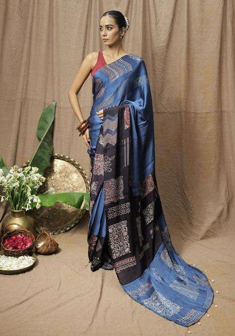 Chaya Blue Printed Saree without Blouse for Women Festive Wear