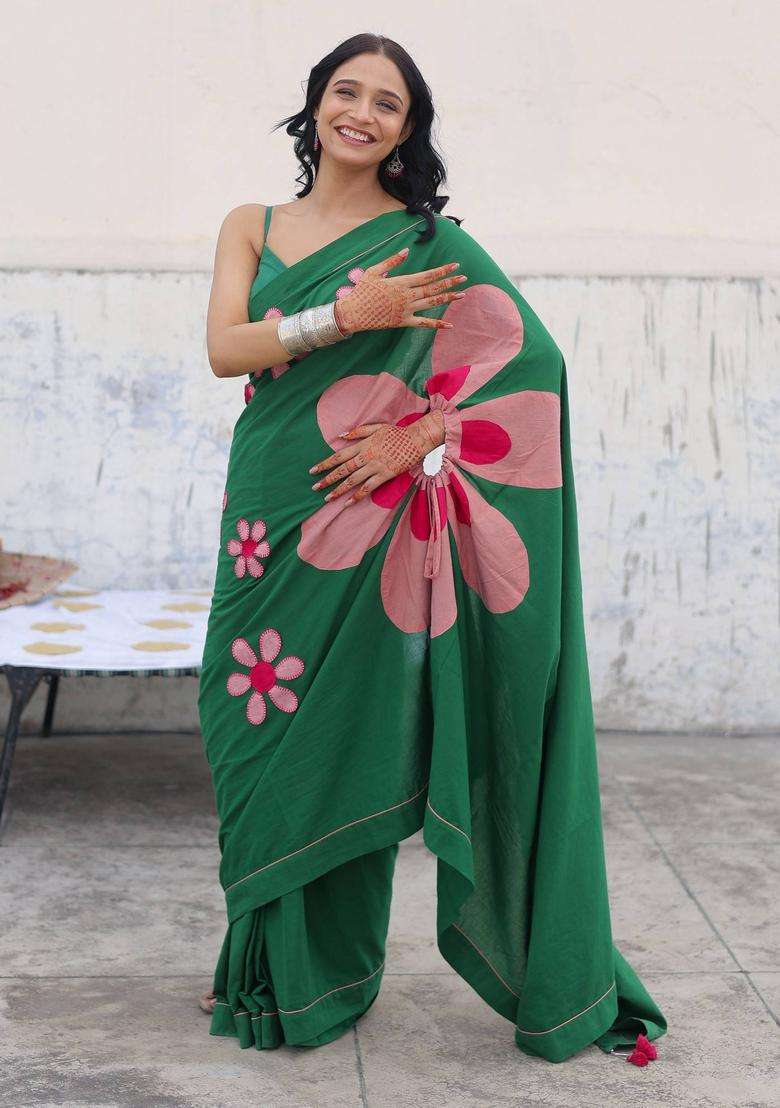 Daisy Green Floral Saree without Blouse for Women Festive Wear - Indya