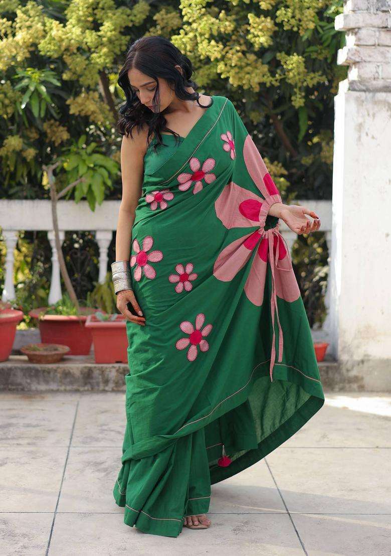 Daisy Green Floral Saree without Blouse for Women Festive Wear - Indya