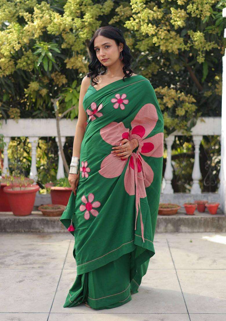 Daisy Green Floral Saree without Blouse for Women Festive Wear - Indya