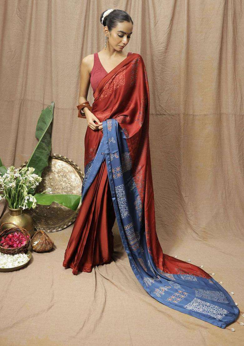 Damini Printed Maroon Saree without Blouse for Women Festive Wear - Indya