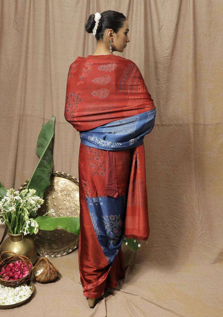 Damini Printed Maroon Saree without Blouse for Women Festive Wear - Indya