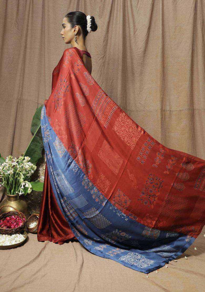 Damini Printed Maroon Saree without Blouse for Women Festive Wear - Indya