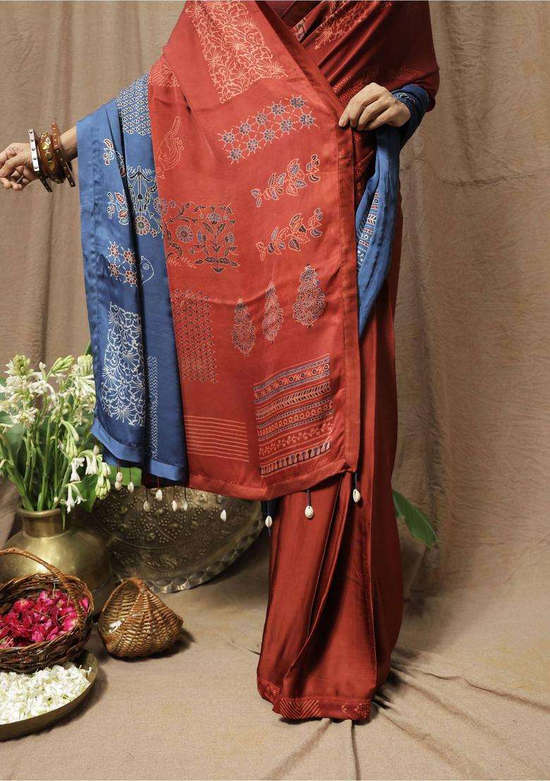 Damini Printed Maroon Saree without Blouse for Women Festive Wear - Indya