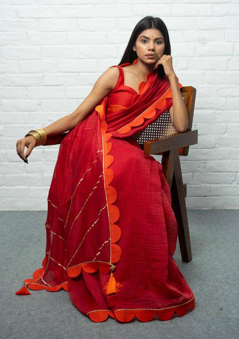 Devi Solid Red Saree without Blouse for Women Casual Wear - Indya