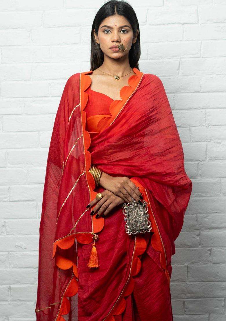 Devi Solid Red Saree without Blouse for Women Casual Wear - Indya