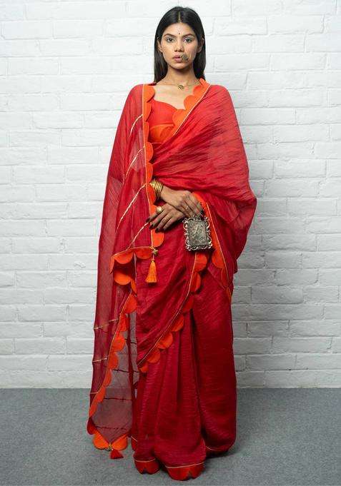 Devi Solid Red Saree without Blouse for Women Casual Wear