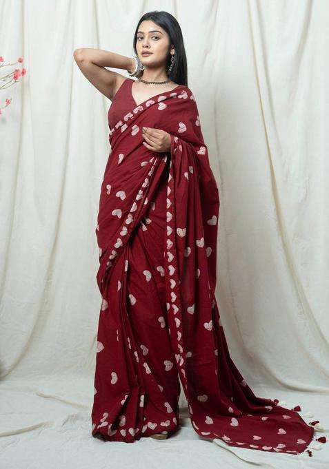Dilbara Maroon Hearts Batik Printed Saree without Blouse for Women Casual Wear