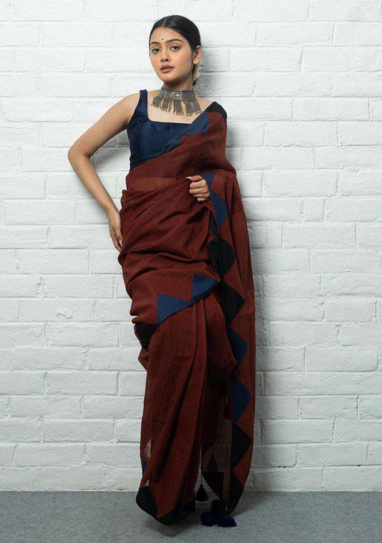 Gauri Textured Brown Saree without Blouse for Women Casual Wear - Indya
