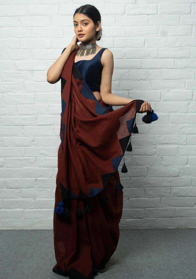 Gauri Textured Brown Saree without Blouse for Women Casual Wear - Indya
