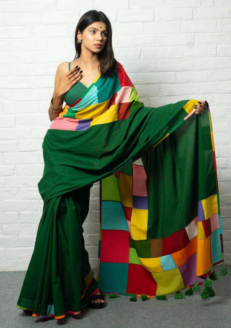 Ghunghat Woven Green Saree without Blouse for Women Casual Wear - Indya