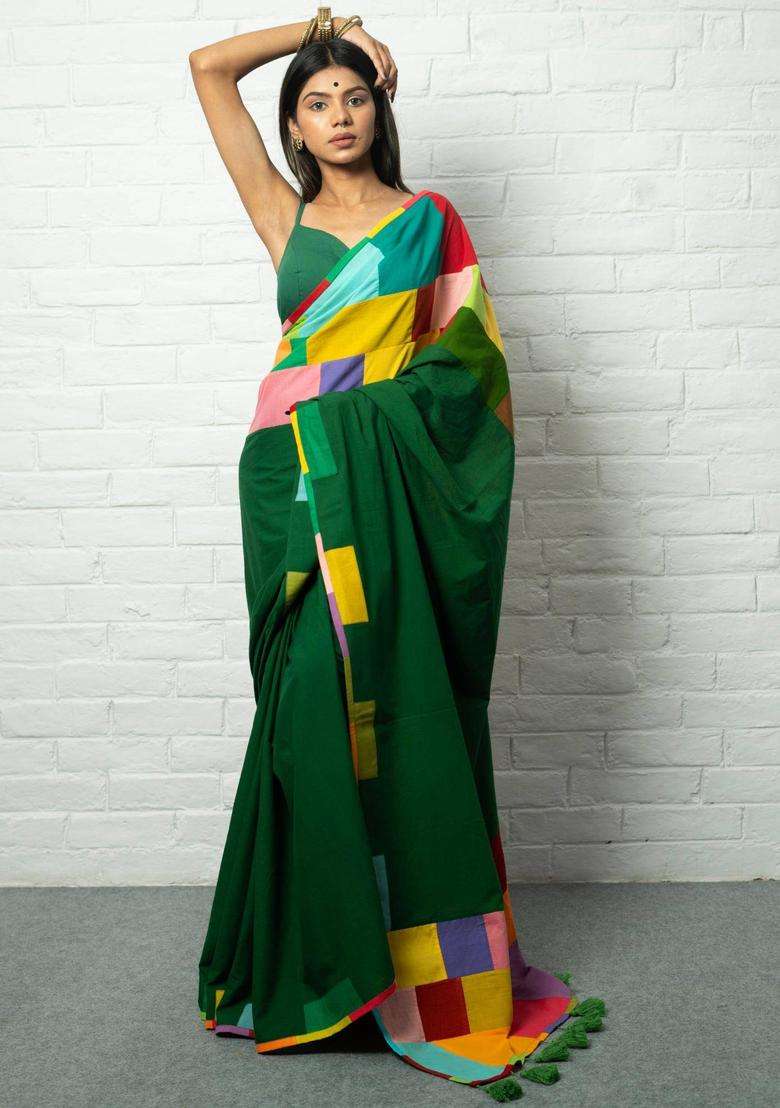 Ghunghat Woven Green Saree without Blouse for Women Casual Wear - Indya