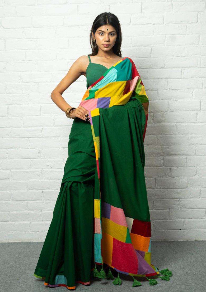 Ghunghat Woven Green Saree without Blouse for Women Casual Wear - Indya