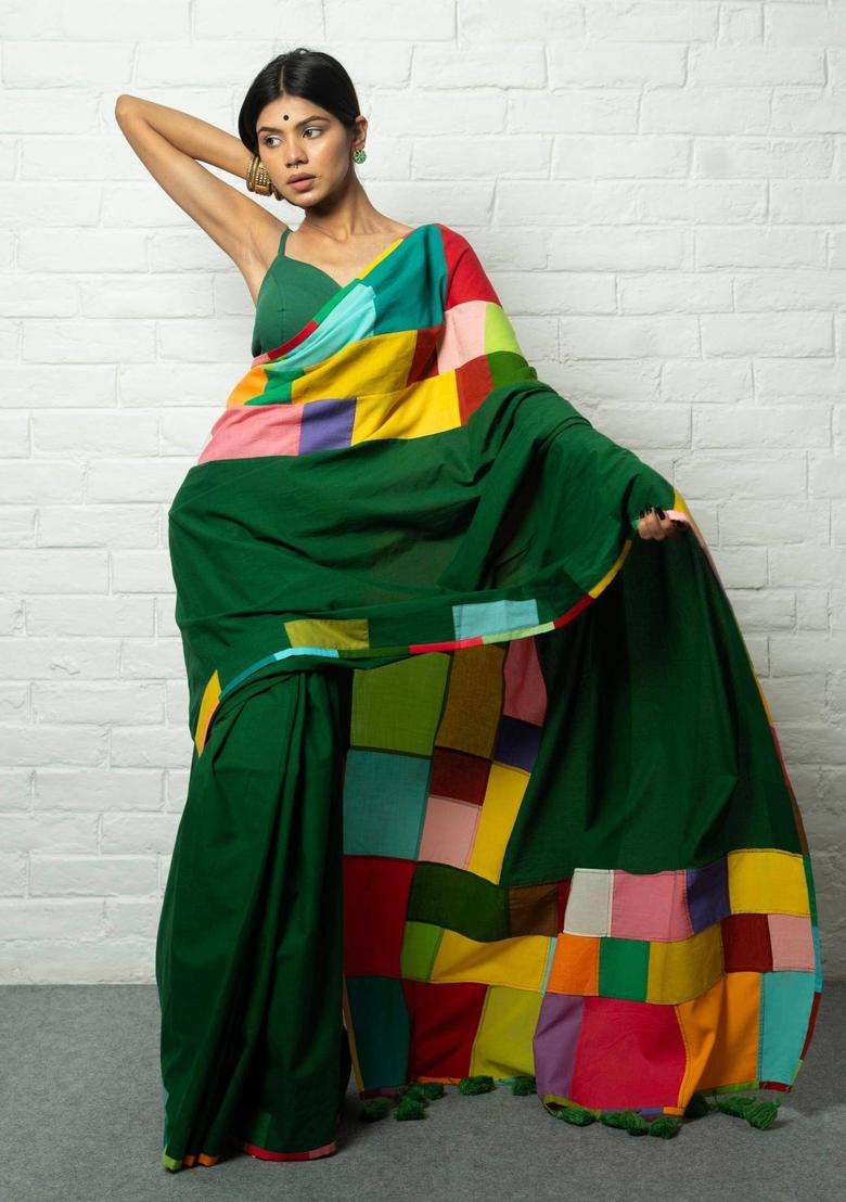 Ghunghat Woven Green Saree without Blouse for Women Casual Wear - Indya