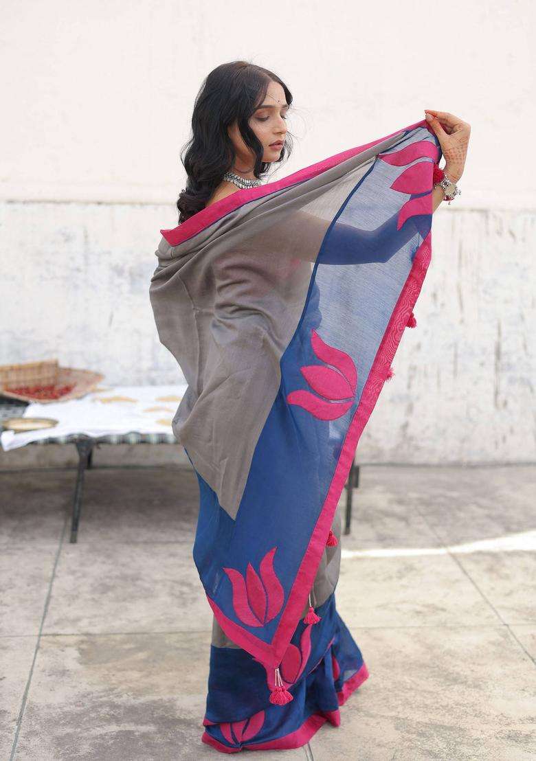 Grey Iraaya Embroidered Saree without Blouse for Women Festive Wear - Indya