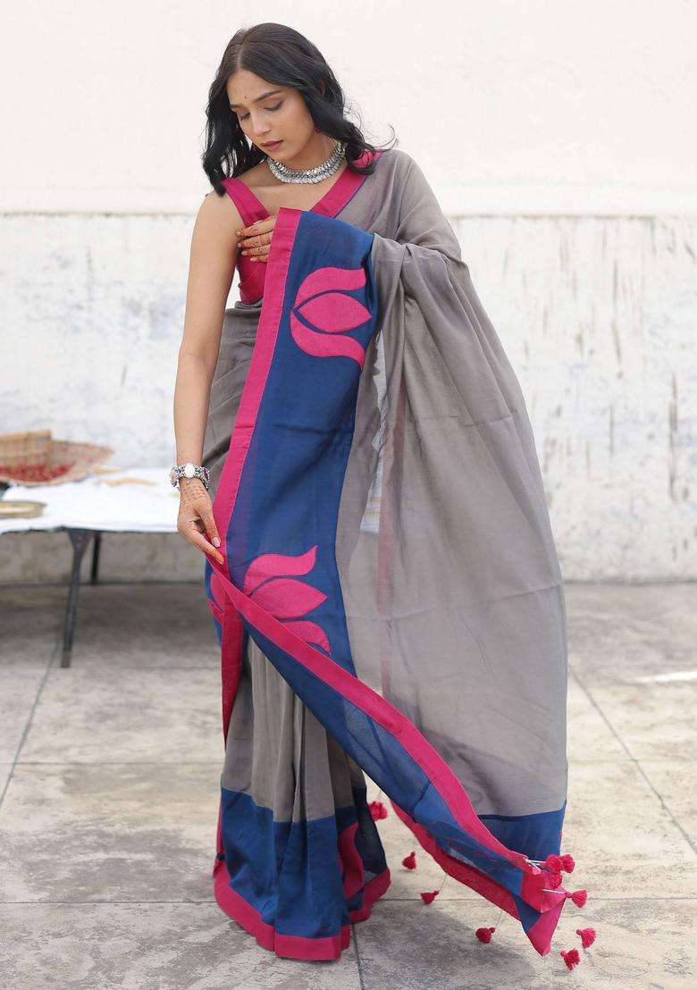 Grey Iraaya Embroidered Saree without Blouse for Women Festive Wear - Indya